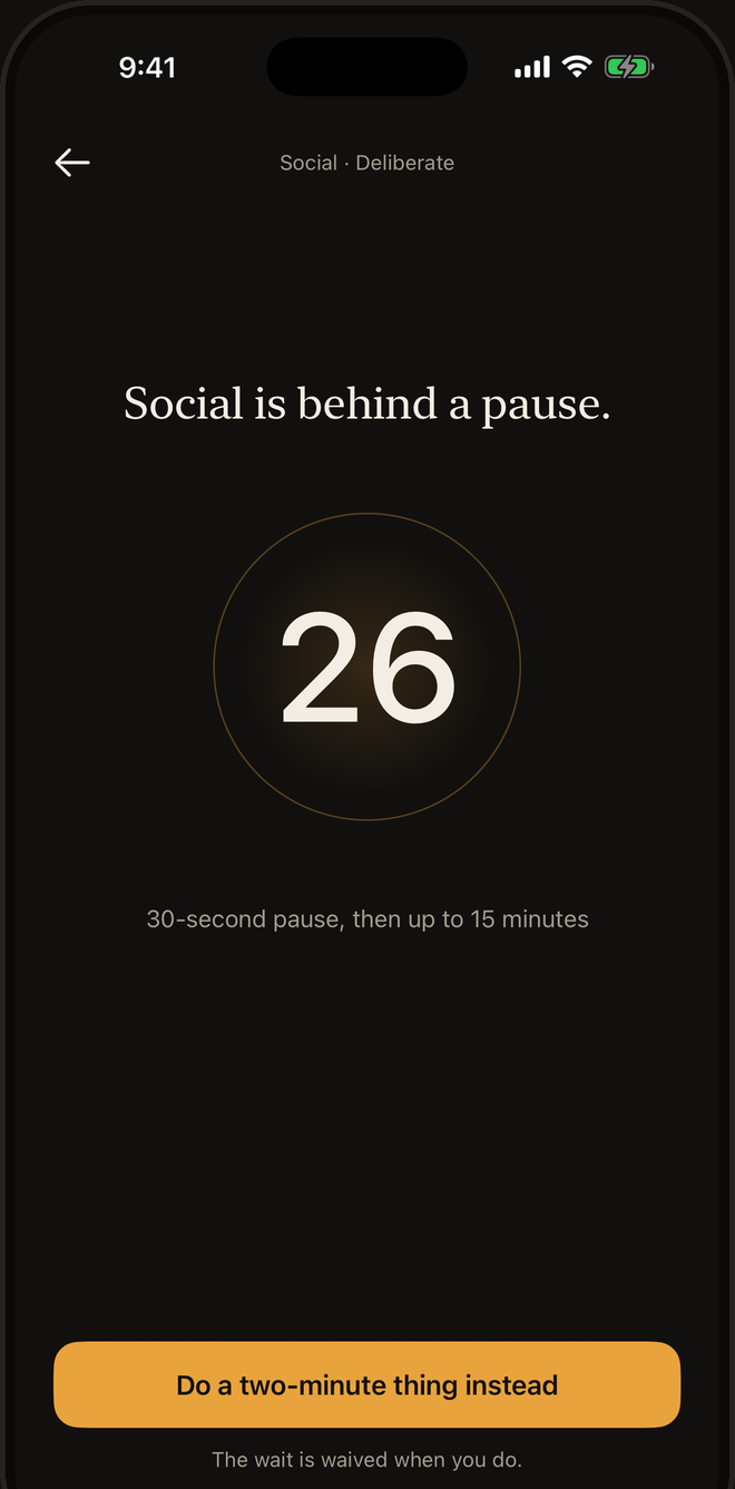 Pausible's pause screen: “Social is behind a pause.” above a countdown at 26 seconds and one button, “Do a two-minute thing instead”.