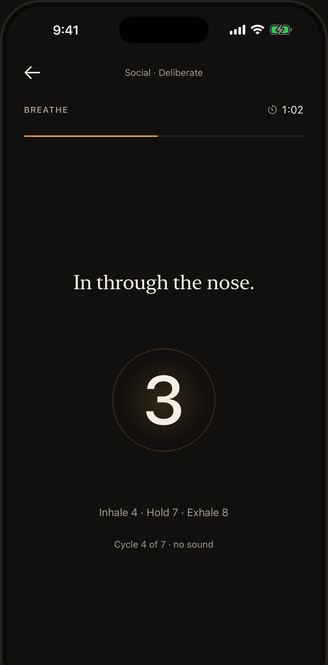 The Breathe instead: “In through the nose.” above a large numeral 3, with Inhale 4 · Hold 7 · Exhale 8 below.