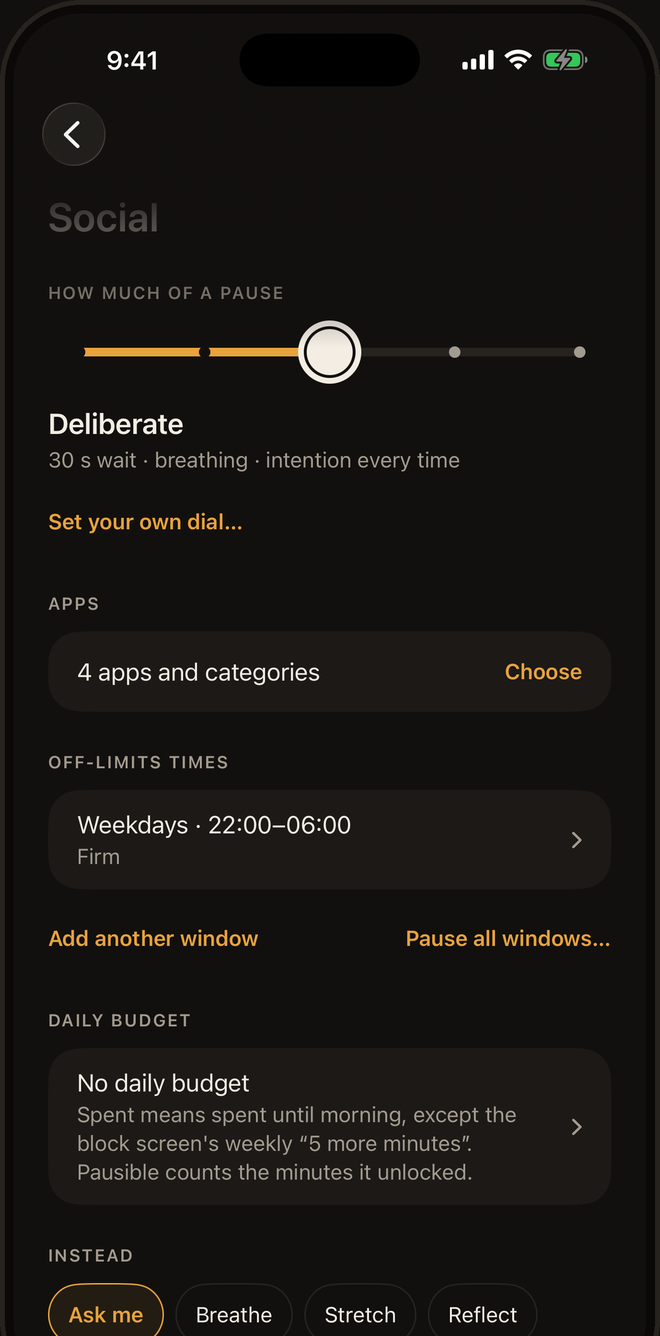 A profile called Social with the friction dial set to Deliberate, four apps chosen, and an off-limits window on weekdays from 22:00 to 06:00.